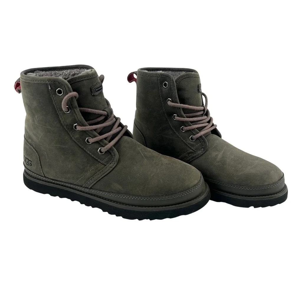 UGG Men's 7 Harkley Waterproof Leather Greenish‎ Gray Lace Up Boots Shearling